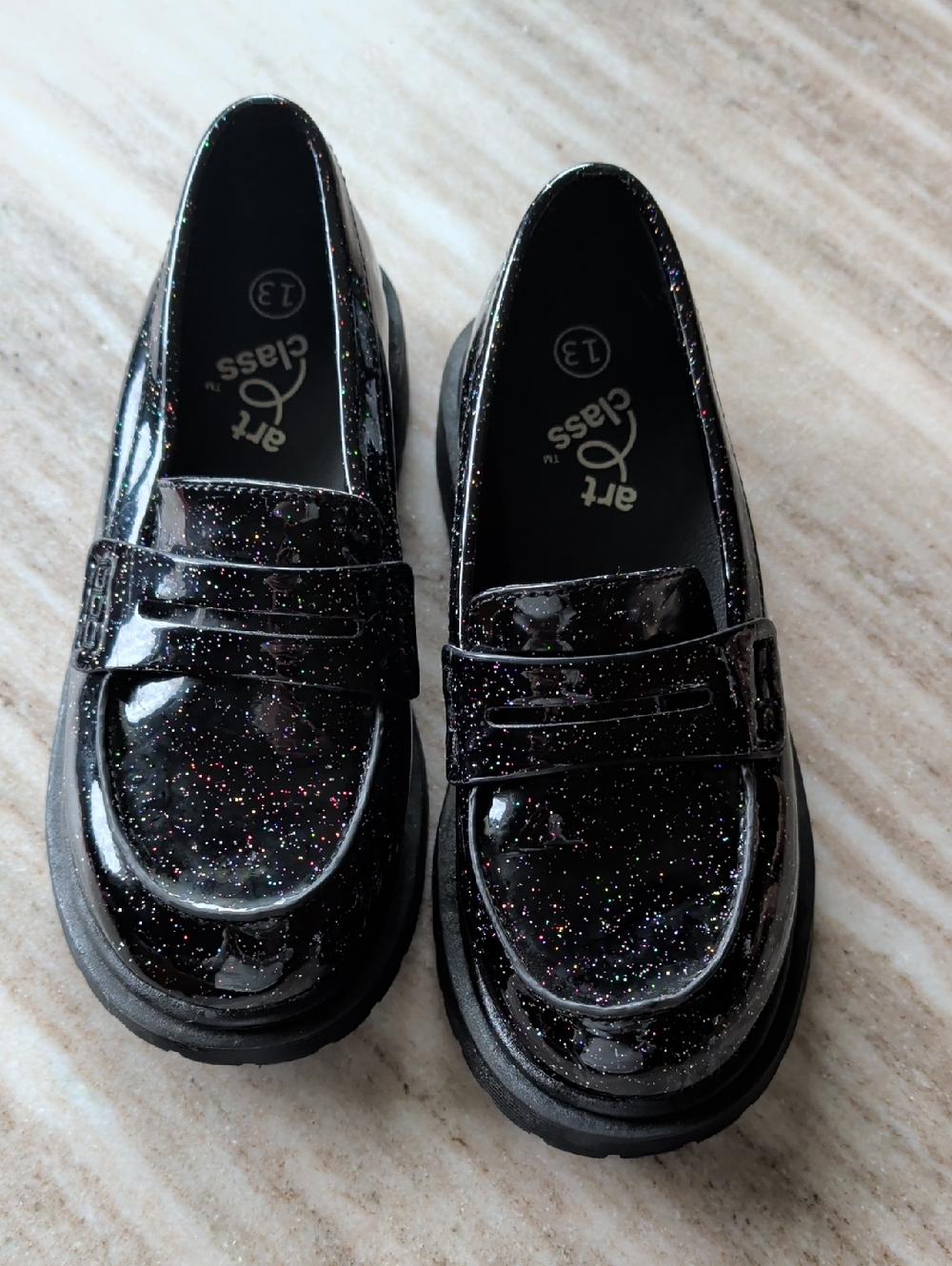 art class Black Glitter Patent Loafers for Kids